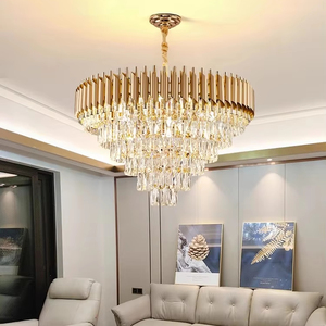 Hậu hiện đại thép không gỉ pha lê đèn chùm màu vàng mặt dây chuyền đèn nguồn pha lê mặt dây chuyền đèn kích thước trung bình cho trang trí nội thất - Product Image 1