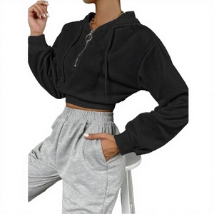 Sudaderas cortas casuales de punto personalizadas para mujer, con media cremallera, antiarrugas, 100% algodón, hombros caídos, venta al por mayor - Product Image 3