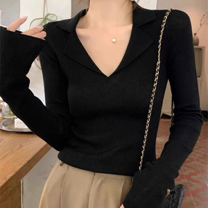 Suéter de punto con cuello en V para mujer en la primavera de un <span class=keywords><strong>nuevo</strong></span> suéter con forro interior elegante y aspecto reductor de edad. Top de manga larga - Product Image 4