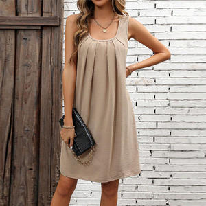 Falda <span class=keywords><strong>Midi</strong></span> Plisada de Color Sólido Informal Vintage para Mujer, Sin Mangas, Cuello Mao, Línea A, Antiestática, con Detalle de Tirantes Acolchados - Product Image 2