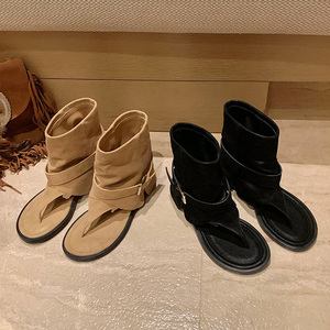 Trendy Round Toe Thong Boots for Women's 2026 Spring Summer New Arrival Western Style Mid Calf Strappy Sandals - Product Image 1