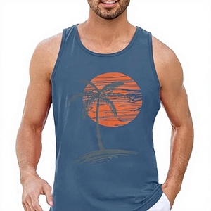 Camiseta sin mangas azul para hombre, cuello redondo, tejida, transpirable, informal, con estampado de palmeras y puesta de sol - Product Image 1
