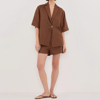 Conjuntos personalizados de Color sólido con cuello en V de manga corta, Tops sueltos, pantalones cortos de verano para mujer, conjuntos de ropa de algodón de lino 100% de 2 piezas