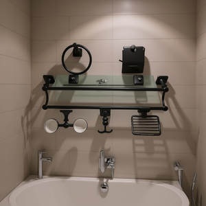 Elite Towel Rack 7-Piece Set Black Zinc Alloy Wall Mounted Bathroom Hardware With Glass Shelf And Double Rods - Product Image 2