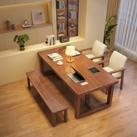 Table à manger en bois massif avec pieds trapézoïdaux, bureau à domicile, table de conférence avec banc, vente en gros pour cuisine et restaurant