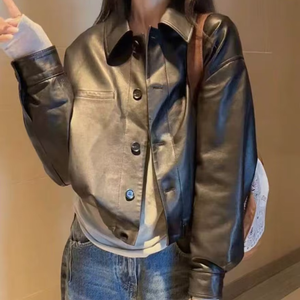 Nouvelle veste décontractée en <span class=keywords><strong>cuir</strong></span> véritable pour <span class=keywords><strong>femme</strong></span>, coupe ample et amincissante, en peau de mouton, collection 2026 - Product Image 1