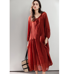 Demana Reisel Pleated Textured Dress Size 26 Summer Tie Neck Long Dress - Product Image 1