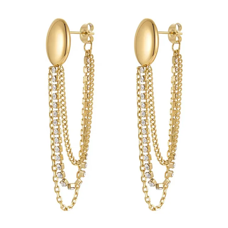 18K Gold Plated Stainless Steel Jewelry Oval Stud Ear Long Drop Tassel Zircon Chain INS Accessories Earrings E221352