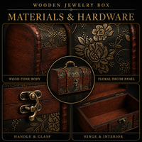 Coffret à bijoux vintage en bois avec décor floral, couvercle à charnières, poignée et fermoir pour le rangement de bijoux et de souvenirs