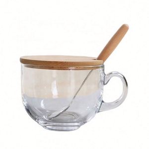 Glass Coffee Mug 15OZ <b>Clear</b> with Bamboo Lids & Spoon Eco-Friendly Custom Logo for Coffee Tea Milk Oats Yoghurt - Product Image 1