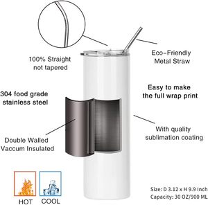Vaso Térmico Delgado de Acero Inoxidable 304 de 20 Oz, Blanco, Recto, para Sublimación, con Pajita Metálica - ¡El Más Vendido! - Product Image 2