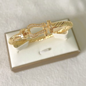 Bracelet en fil d'acier inoxydable torsadé <span class=keywords><strong>Fred</strong></span> avec fermoir fer à cheval et diamants entièrement sertis, plaqué or 18 carats, vente en gros, bijoux pas chers - Product Image 5