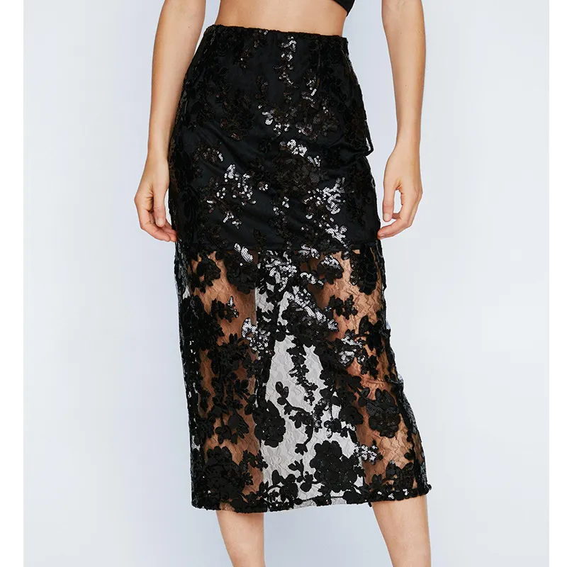 Fall Custom Women Polyester Elegant Floral Lace Sequin Embellished Midi Skirts