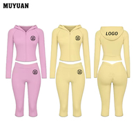 Ensemble de vêtements de sport deux pièces pour femmes grandes tailles avec veste à capuche zippée et pantalon capri, logo personnalisé, coton et élasthanne