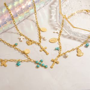 Collier pendentif croix en or massif 18 carats anti-ternissement avec perle et acier inoxydable, articles religieux catholiques pour femmes et jeunes filles - Product Image 2