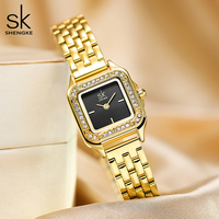 Montre à quartz carrée de luxe SK pour femme avec boîtier en alliage, accents de diamants, bracelet en acier inoxydable, étanche - Prête à être expédiée