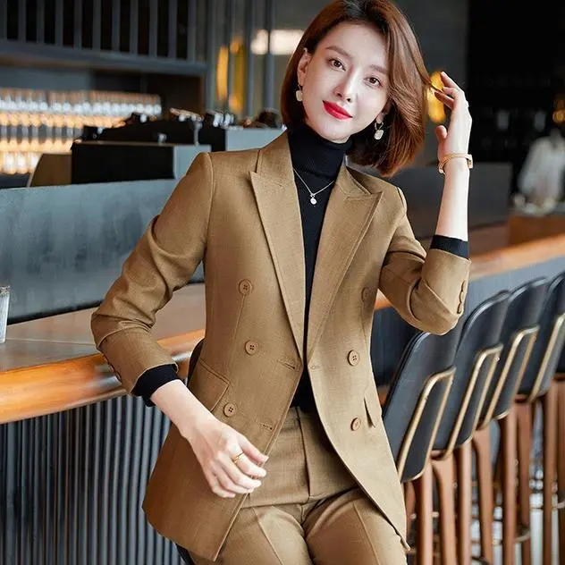 OEM Women Blazer and Pants Set Double Breasted Blazers Women Business Suit 7-10 Days Navy, Brown 1 KG/ PC 1PC/ OPP Bag 3000 PCS