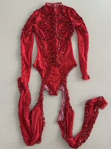 Combinaison Rouge à Strass avec Grandes Pierres Acryliques, Maille Transparente Découpée, Col Roulé, Manches Longues, pour Spectacle Drag, Gogo, Danse Scénique, Costume d'Halloween - Product Image 4