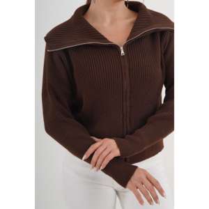 Brown Knitted <b>Zip</b>-<b>up</b> Collar <b>Cardigan</b> <b>Women</b> Casual Anti-Pilling Sweater Top - Product Image 2