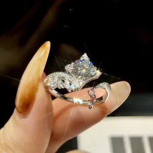 Lüks tasarımcı 1ct moissanite taç şekli halo nişan düğün ayarlanabilir yüzükler kadınlar için gerçek S925 gümüş ince jewelryen