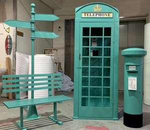 Cabine téléphonique classique rouge de Londres en métal, vente chaude, ensemble rose et bleu, cabine téléphonique, boîte aux lettres, panneau d'orientation, banc double paysager - Product Image 2