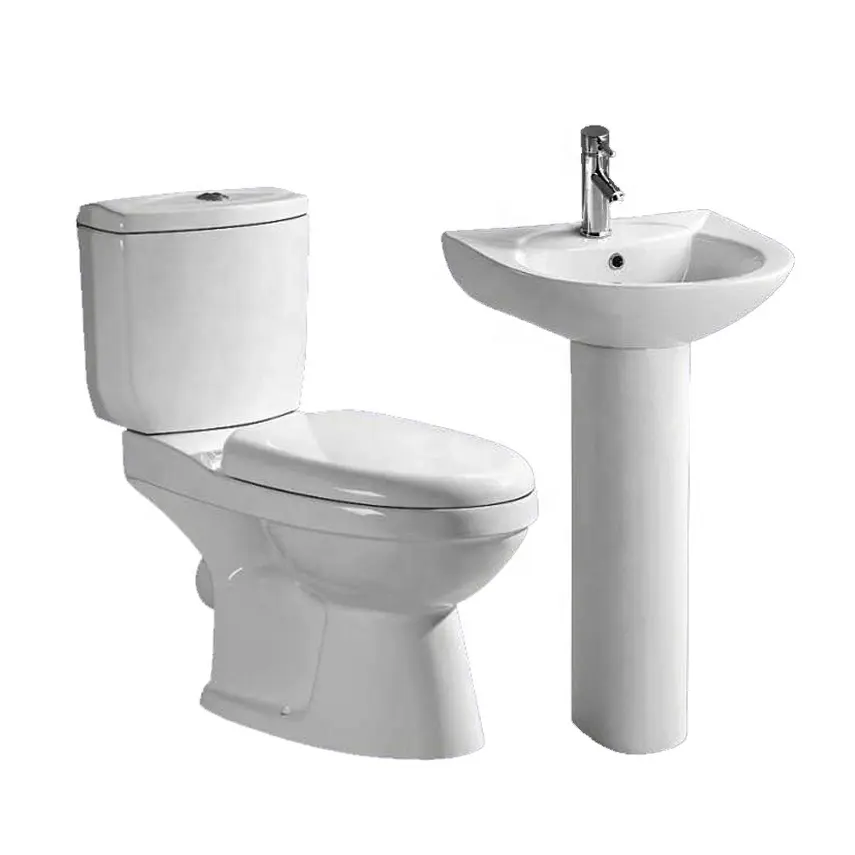 Venta caliente popular conjunto de artículos sanitarios de dos piezas inodoro y lavabo baño pedestal lavabo juego de inodoro de cerámica