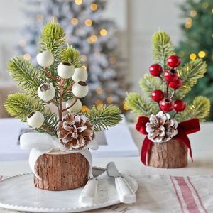 Décoration de table de Noël, base en bois, mini <span class=keywords><strong>sapin</strong></span> de Noël, ornement de bureau, branches de pin artificielles, <span class=keywords><strong>rouge</strong></span> et <span class=keywords><strong>blanc</strong></span> - Product Image 1