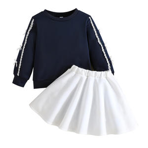 Nouveau costume de marché de loisirs pour filles de printemps et d'automne en gros Haut à manches longues de couleur unie + jupe blanche 4-8 ans - Product Image 6