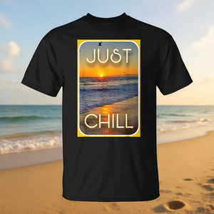 Camiseta Just Chill Beach Sunset Ocean Wave con diseño de relajación y vibraciones de verano - Product Image 3