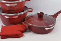 Ensemble de 10 ustensiles de cuisine antiadhésifs de haute qualité en aluminium forgé avec revêtement en granit, comprenant une casserole et une poêle à frire avec poignée en bois