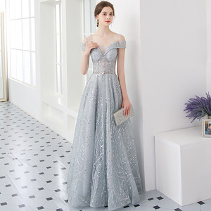 Elegant Off-Shoulder Evening Gown For Women Silver Gray A-Line Embroidered Organza Long Dress Empire Waistline Formal Wear - Product Image 2