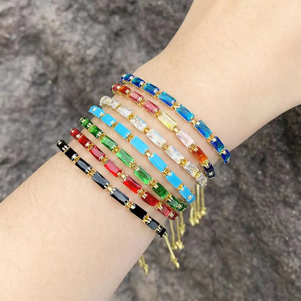 Hot bán có thể điều chỉnh đầy màu sắc Baguette vuông CZ cubic zircon Đồng Stackable Vòng đeo tay