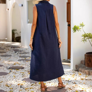 เดรสผ้าฝ้ายลินินทรงหลวมคอวีลึกแบบใหม่แฟชั่น - Product Image 6