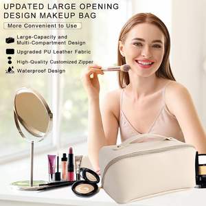 Customized Organizer Beauty Pouch Pu Leather Open Flat Cosmetic Pillow Makeup Storage Travel <b>Toiletry</b> <b>Bag</b> With Gold Zipper - Product Image 5