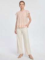 Blouse en mousseline plissée rose clair des femmes, manches courtes dentelle Trim Top pour Brunch & Office Wear, personnalisable