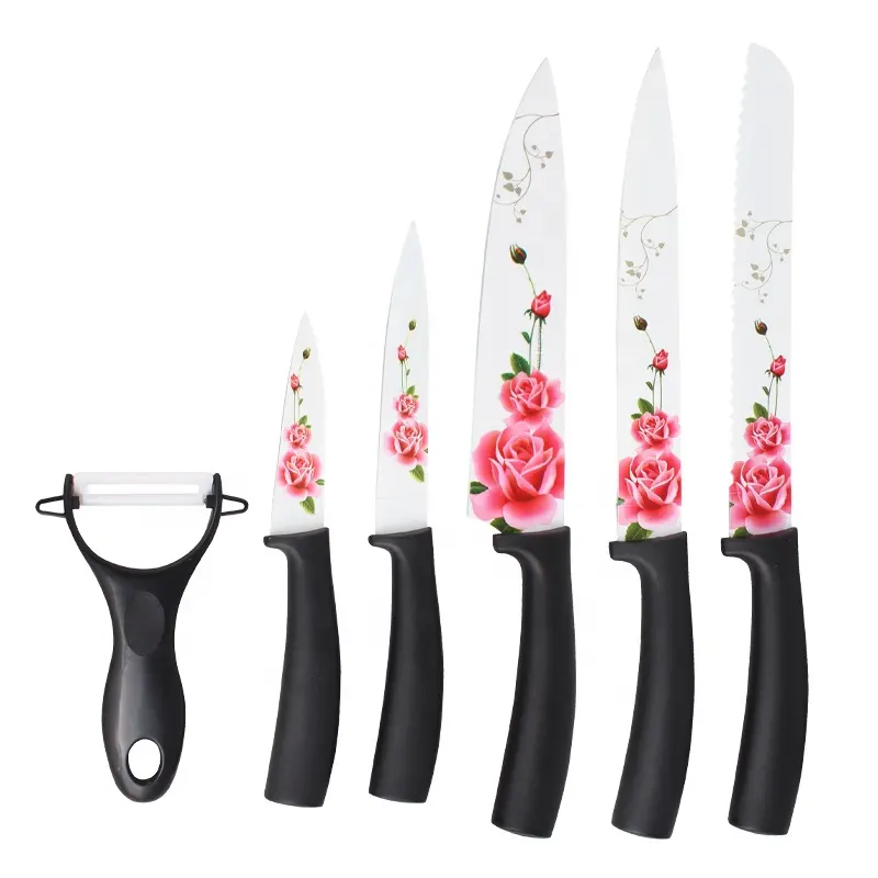 Fancy 6Pcs Rvs Non-stick Bloemen Mes Kleurrijke Bloem Afdrukken Messen Keuken Koksmes Set Met Plastic handvat