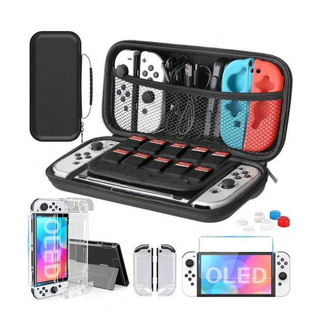 Protection Bundle Carrying Bag Transparent Hard Case Screen Glass Film Guard Thumb Grips Set for Nintendo Switch/Switch OLED