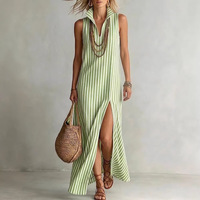 Robe midi décontractée d'été pour femme grande taille, à rayures, col montant, sans manches, fente latérale, pour dropshipping Shopify
