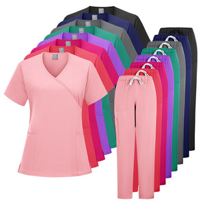 Women's Scrub Set Short Sleeve Knitted Split Uniform For Dental Hospital Beauty Salon Workwear With Label Size S XXL - Product Image 1