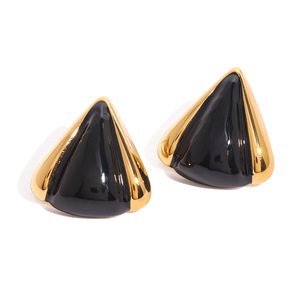 <b>Black</b> Triangular <b>Stud</b> <b>Earrings</b> 18k Gold Plated Stainless Steel Geometric Design Fashion Jewelry For Women - Product Image 1