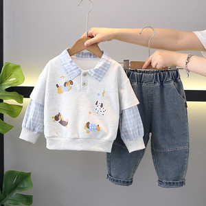 2025 garçons mignon <span class=keywords><strong>double</strong></span> manches chiot <span class=keywords><strong>sweat</strong></span> et vêtements de printemps deux pièces à la mode pour bébés nouvel ensemble décontracté pour les enfants en automne - Product Image 3