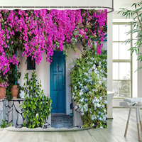 Printemps Jardin Rideaux De Douche Rose Rose Clôture En Bois Fleurs Plantes Bleu Porte Méditerranée Nature Paysage Salle De Bains Décor Ensemble