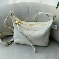Tas Selempang Kulit Asli Kecil untuk Wanita, Penutup Ritsleting, Bentuk Trapesium, Tas Bahu dengan Tali yang Dapat Disesuaikan, Grosir