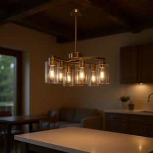 Modern Gold Iron Pendant <b>Light</b> 6-<b>Light</b> Clear Glass Shade Round Cylindrical Indoor Chandelier For <b>Dining</b> Room Kitchen Island - Product Image 2