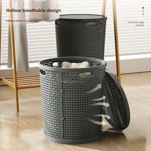 plastic <strong>rattan</strong> <strong>storage</strong> basket for laundry, assembled small circular large capacity basket <strong>with</strong> <strong>lid</strong>, great organizer in home - Product Image 1
