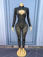 Combinaison de danse sexy pour femme, en maille transparente noire avec strass étincelants, pour spectacle de chanteuse, danseuse, fête, show, bling-bling
