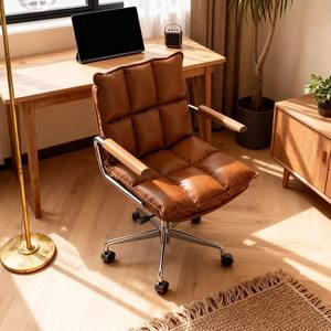 Chaise de bureau rétro en cuir véritable, réglable en hauteur, pivotante, pour bureau à domicile, salle d'étude - Product Image 2