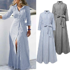 Abito Chemisier Lungo a Righe da Donna Taglie Forti, Collezione Moda Primavera <span class=keywords><strong>2023</strong></span>, con Colletto Revers e Bottoni, Manica Lunga Stile Casual Elegante - Product Image 2