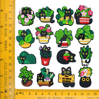 Groothandel Schattige Groene Blad Cactus Bloem Kat PVC Zachte Rubberen Schoenen Decoratie DIY Craft Accessoires Gepotte Zwarte Kat Schoenen Charms