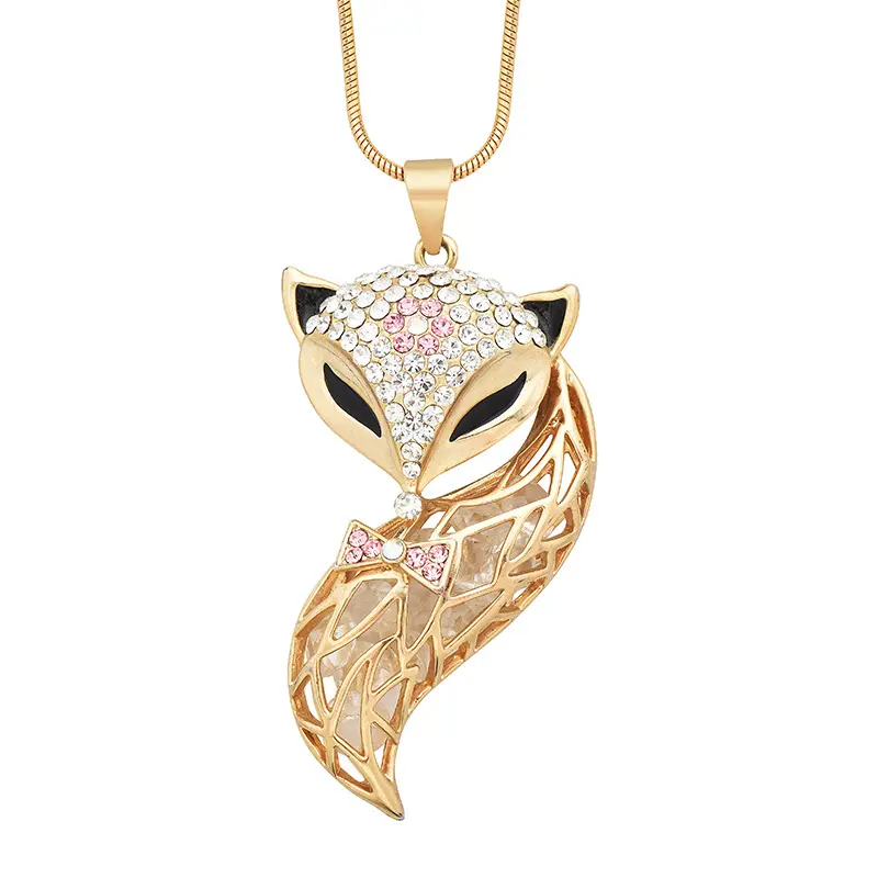 Rhinestone Crystal Zircon Long Sweater Fox Shape Pendant Necklace 18k Gold Plated Women Fashion Jewelry